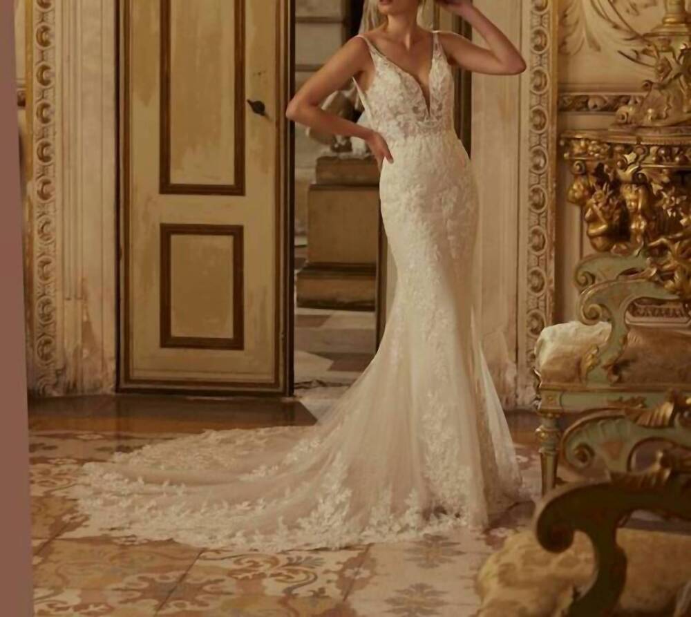 NEW DEMETRIOS beaded lace flared wedding gown in ivory/sheer/natural